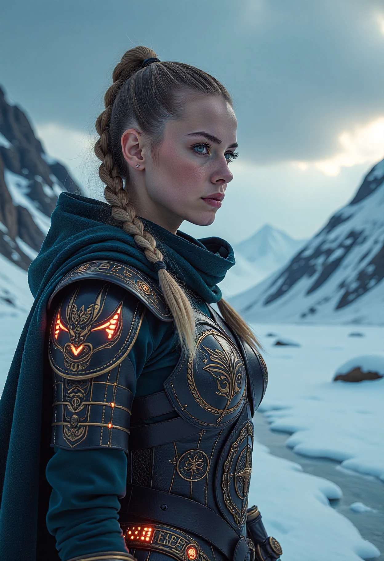 A captivating image emerges, focusing on a viking_punk warrior-princess, her presence commanding attention in the icy wasteland. Her futuristic viking armor based on traditional viking armor, a seamless fusion of technology and her athletic form, slim-athletic form highlights her strength and agility. The warrior's twin braids with shaved sides, frames her determined expression, while her piercing eyes bore into the viewer. Ancient runes are etched into her battleaxe and armor, crackling with mystical glowing energy. 
The frozen landscape, a testament to her people's resilience, stretches into the distance, where dark, ominous clouds partially veil the rugged mountainous pass, filling the air with crispness and the promise of lightning. 
This artwork, with its Nordic and Viking-inspired elements, captures the essence of a powerful futuristic figure, seamlessly blending ancient traditions with futuristic innovations. mad-cbrpnk-dtlr, hologram, perfection style,