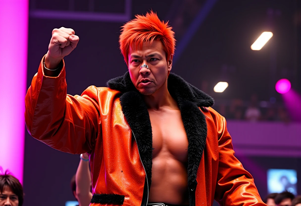 vaporwave style big SatoshiKojima man with a fist up, reddish hair, long orange and black sparkling coat without a shirt underneath, muscular, jacked, badass . retro aesthetic, cyberpunk, vibrant, neon colors, vintage 80s and 90s style, highly detailed