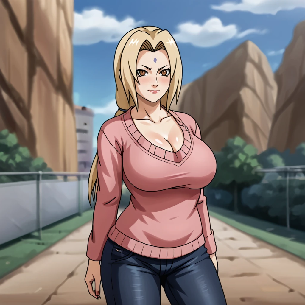 <lora:tsunade_pony_v1:.8> Tsunade, tsunade (naruto), 1girl, blonde hair, large breasts, brown eyes, forehead mark, facial mark, cowboy shot, sweater, jeans