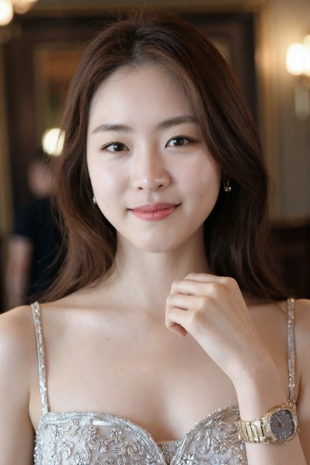 medium full shot of beautiful korean girl , long hair, silver formal gown, earrings, luxury wristwatch, bokeh lights, softbox lighting, necklace, dslr, soft lighting, high quality, film grain, light reflections, blood vessels, pale skin, skin pores,blood vessels in sclera, detailed skin, beauty spots, skin fuzz,<lora:flux_realism_lora:1>, . <lora:makinaflux_leeyeonhee_v1.0:1>, smile