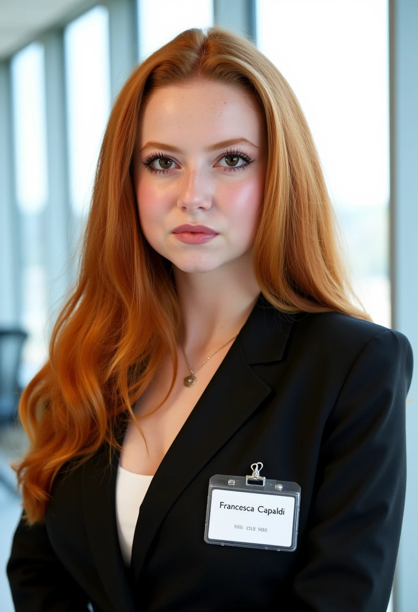 A photo of francescacapaldi, a young woman. She has long ginger hair. She has a serious expression. She is wearing a professional business suit with a simple ID badge with black text \"Francesca Capaldi, CEO\". The background is blurry and shows a modern office, sunlight is shining in through large windows.