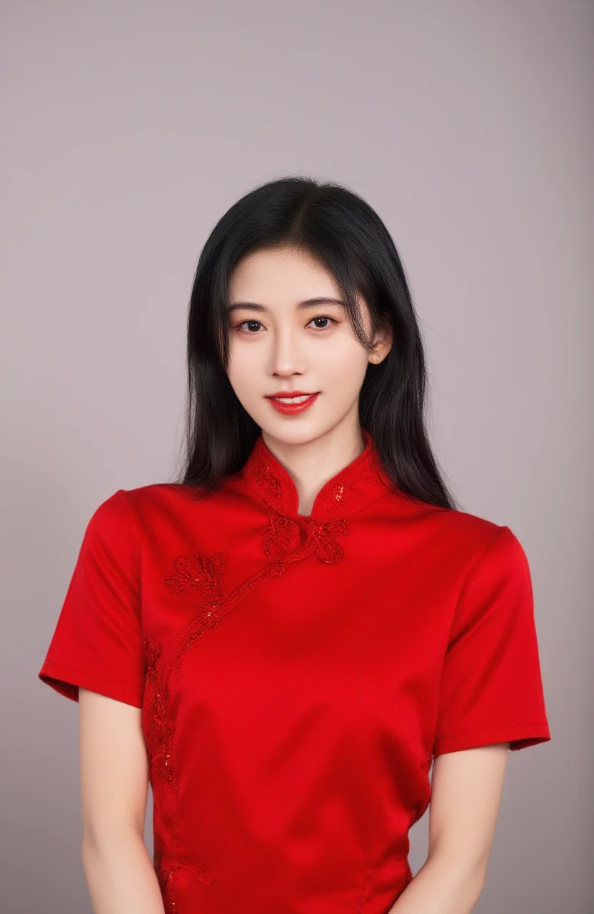 a upper body shot photo of jjy is smiling, her front facing and looking at viewer, creating a warm and approachable expression. She has black long hair. She wears a Red embroidered cheongsam.The background is simple and neutral, with soft lighting that evenly illuminates her face, enhancing the serene and pleasant mood of the scene.