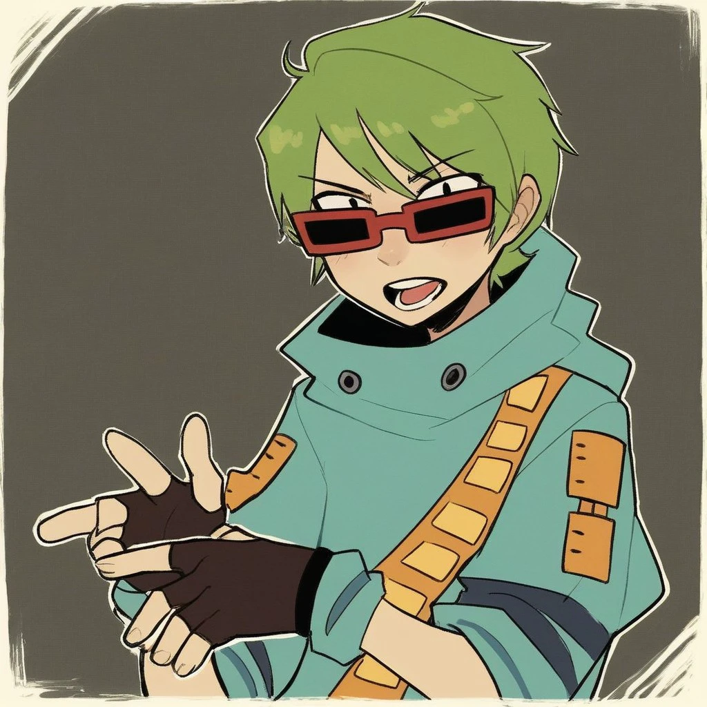 (masterpiece), best quality, expressive eyes, perfect face, score_9, score_8_up, score_7_up, score_6_up, looking at viewer, open mouth, solo, brown fingerless gloves, ヨーヨー \(symbol\), orange strap, hood down, short sleeves, blue hoodie, red sunglasses, green hair, short hair, 1boy, yo-yo_jsrf, <lora:01508412-d895-4e07-a9af-ac36e5455431:0.9>