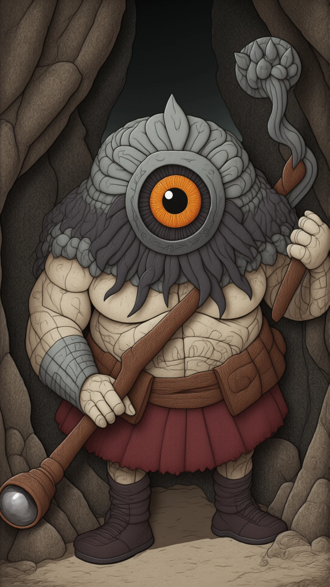 <lora:KawaiisStyle:1>kawaii style The Cyclops, the one-eyed giant. A massive, lumbering figure with a single eye in the center of its forehead. It is brutish and strong, wielding a large club, and stands in a rocky, cave-like environment.