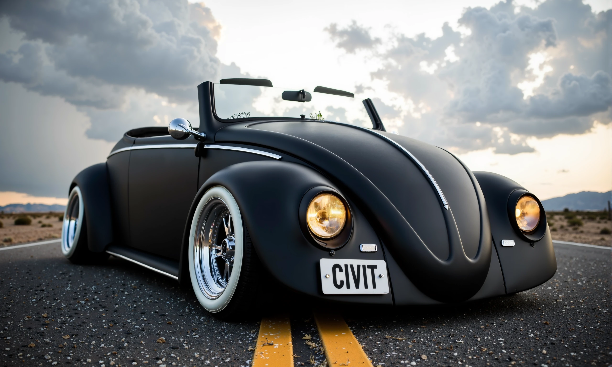 Visualize a striking, dramatic image of a polished, matte black Beetle cabrio with custom whitewall tires, centered on a desolate road. The Beetle is seen from the front, with the camera positioned low to the ground, emphasizing the long road lines leading directly towards the car. The cabrio’s custom side license plate reads 'CIVIT' in bold, clean lettering. The car’s finish is flawless, with chrome accents gleaming in the sunlight, contrasting with the vast, moody sky behind it. Towering clouds rise dramatically in the background, giving the scene an epic, almost cinematic atmosphere. The Beetle's headlights are on, casting a soft glow, adding to the sense of anticipation and adventure. The overall scene is both nostalgic and powerful, with a blend of retro style and modern refinement