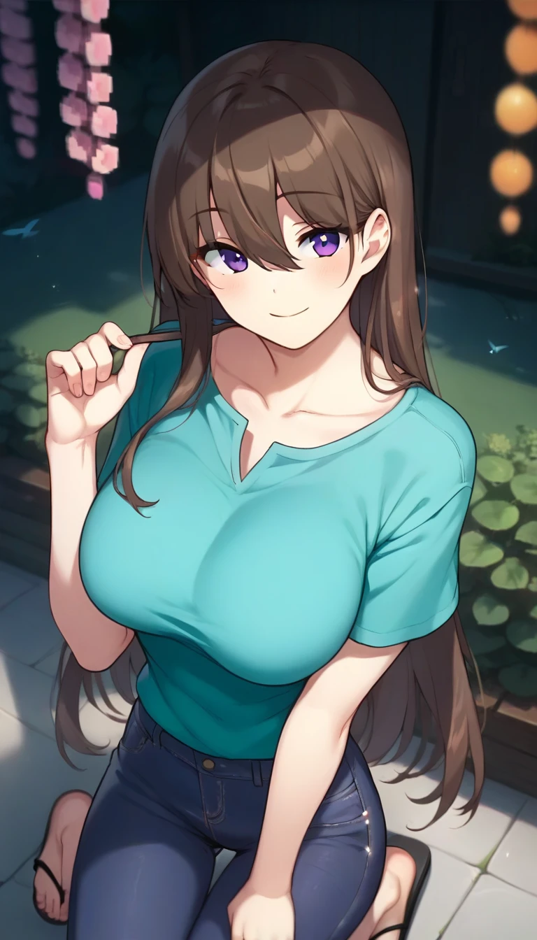 score_9,score_8_up,score_7_up,score_6_up BREAK official art,1girl,solo,outdoors,upper body,(portrait:1.5),looking at viewer,facing viewer,smile,blush,Steve,brown hair,very long hair,hair between eyes,bangs,purple eyes,collarbone,aqua shirt,t-shirt,short sleeves,large breasts,jeans,purple pants,flip-flops,black footwear,<lora:Steve(Bubble Planet)-Pony:1.6>,