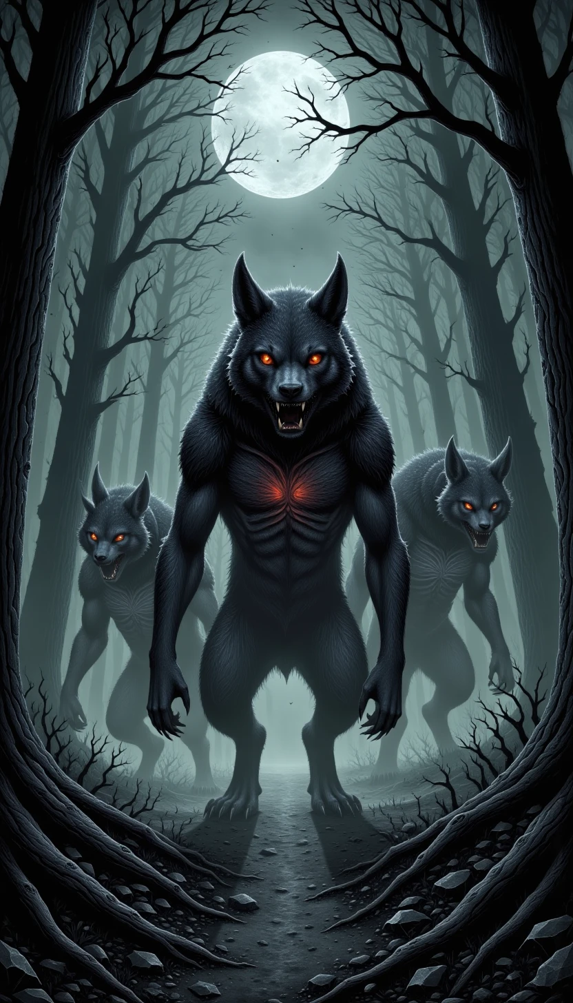 p1nkgr1md4rk, grimdark, eerie, horror, A pack of razor-toothed, wolf-like creatures with twisted, nightmarish features, prowling through a moonlit forest.