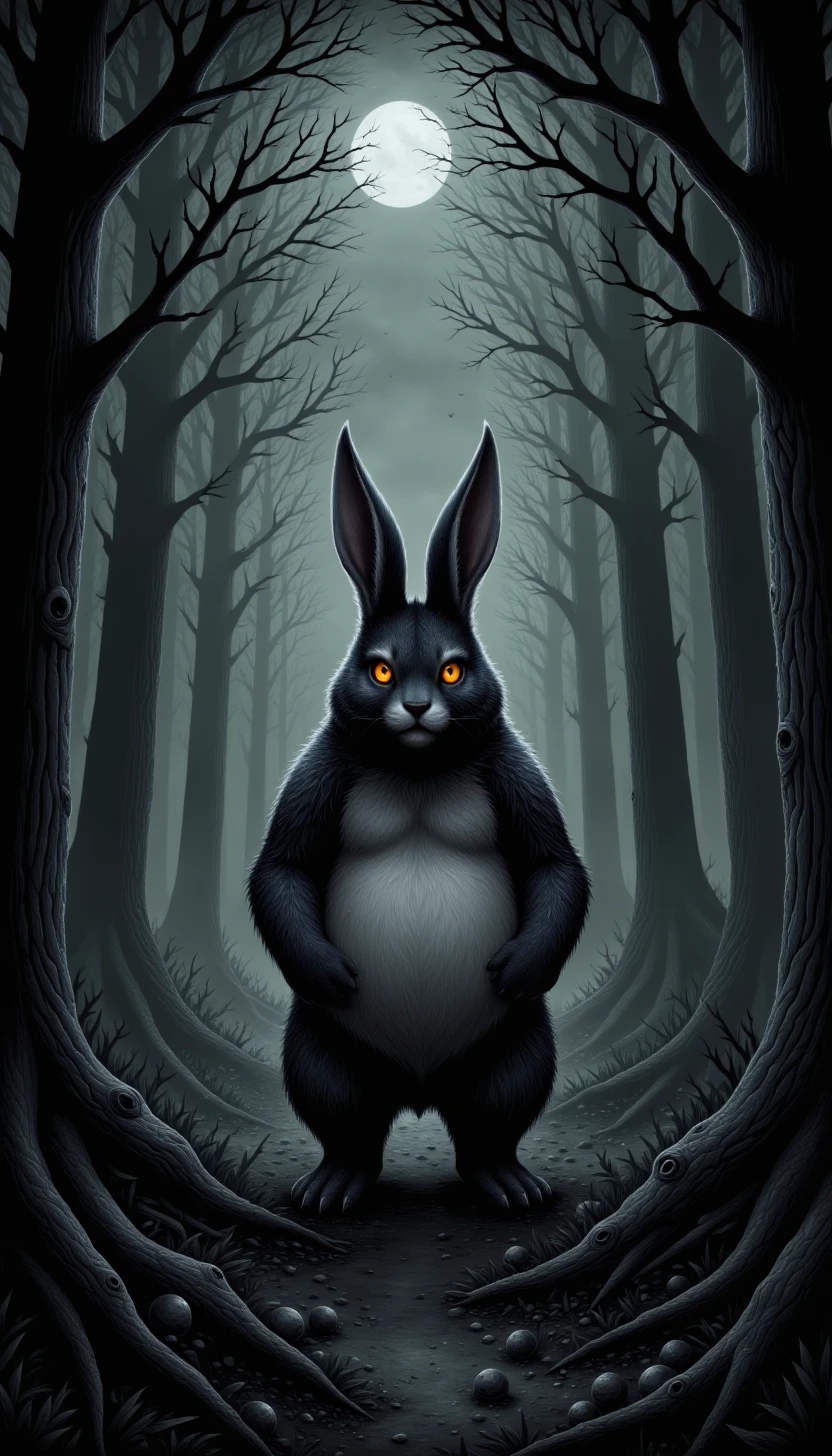 p1nkgr1md4rk, grimdark, eerie, horror,A fat and fluffy bunny wandering in a dark forest