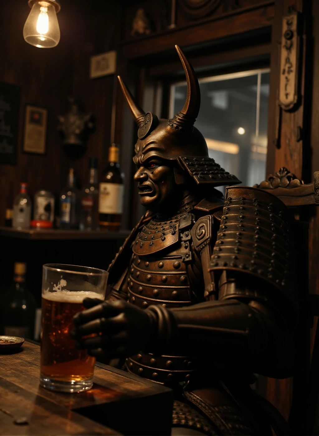 a phot of a Samurai is singing karakoe in a pub and having a beer  <lora:Samurai:0.9>