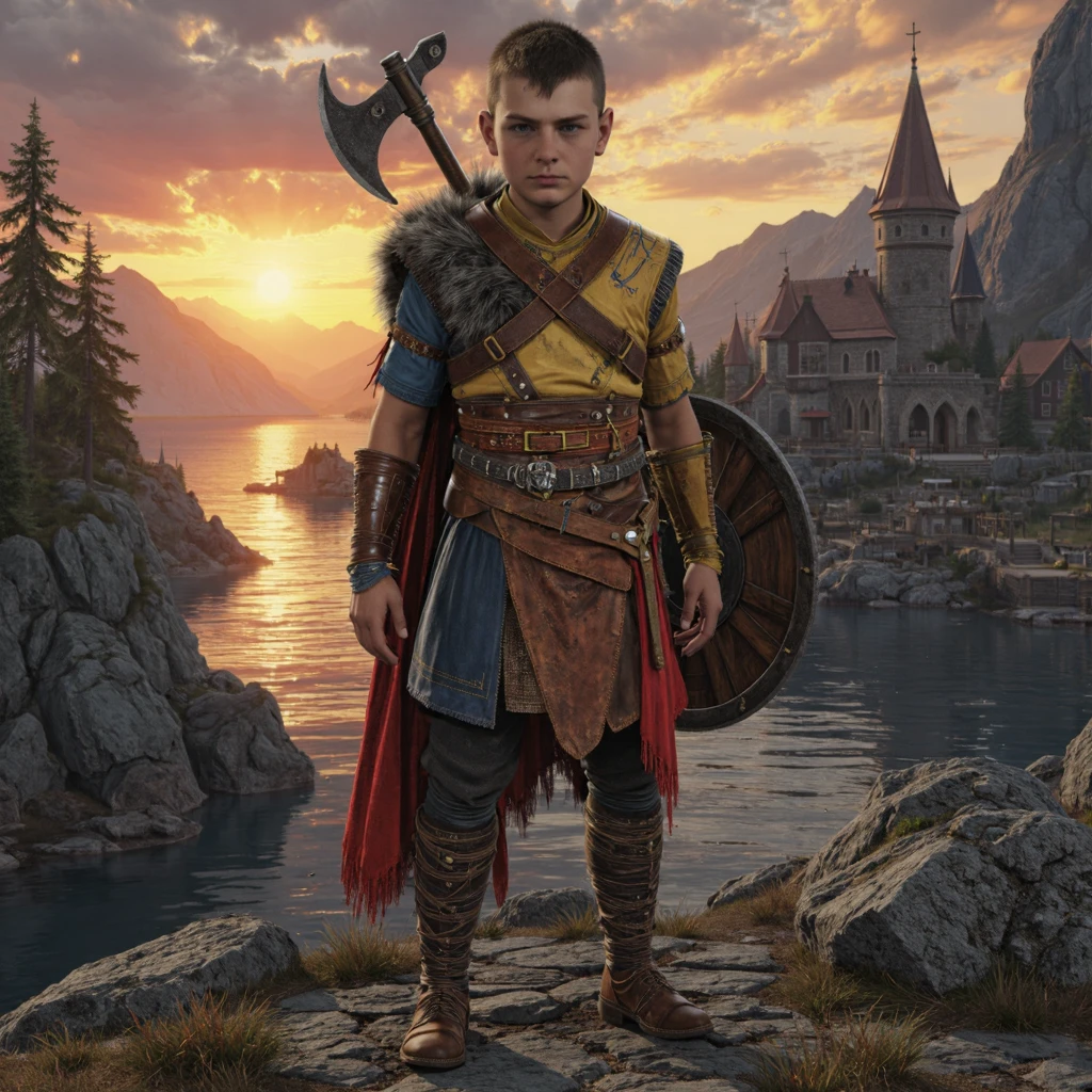 GoWRAtreus 14 y-o young boy with blue eyes and short brown buzzcut. Wearing a yellow tunic with asmmetric leather details belts and straps crossing his body. His waistcloth is red and blue. Brown wrapped leather boots. Runic tattoo on his asymmetric sleeveless right arm. GoWRAtreus expression is Guilty, Downcast eyes, slumped shoulders, and a slightly ashamed expression. <lora:GoWRAtreus_rank4_bf16-step00400:1>viking warrior boy, photorealistic, 12-year-old, Athletic build, Honey Blonde beard, Braided blonde hair, Scars, Battle-worn armor, Battle-axe, Shield, Leather tunic, Thigh-high boots, Holding shield, standing on a rocky cliff, backlit by a fiery sunset, fjord landscape, misty atmosphere, rocky shoreline, Wind-swept hair, Determined expression, muscles tense, fur-lined cape, Nordic mythology, Atmospheric lighting, Dramatic shadows, Ancient Viking village in the background