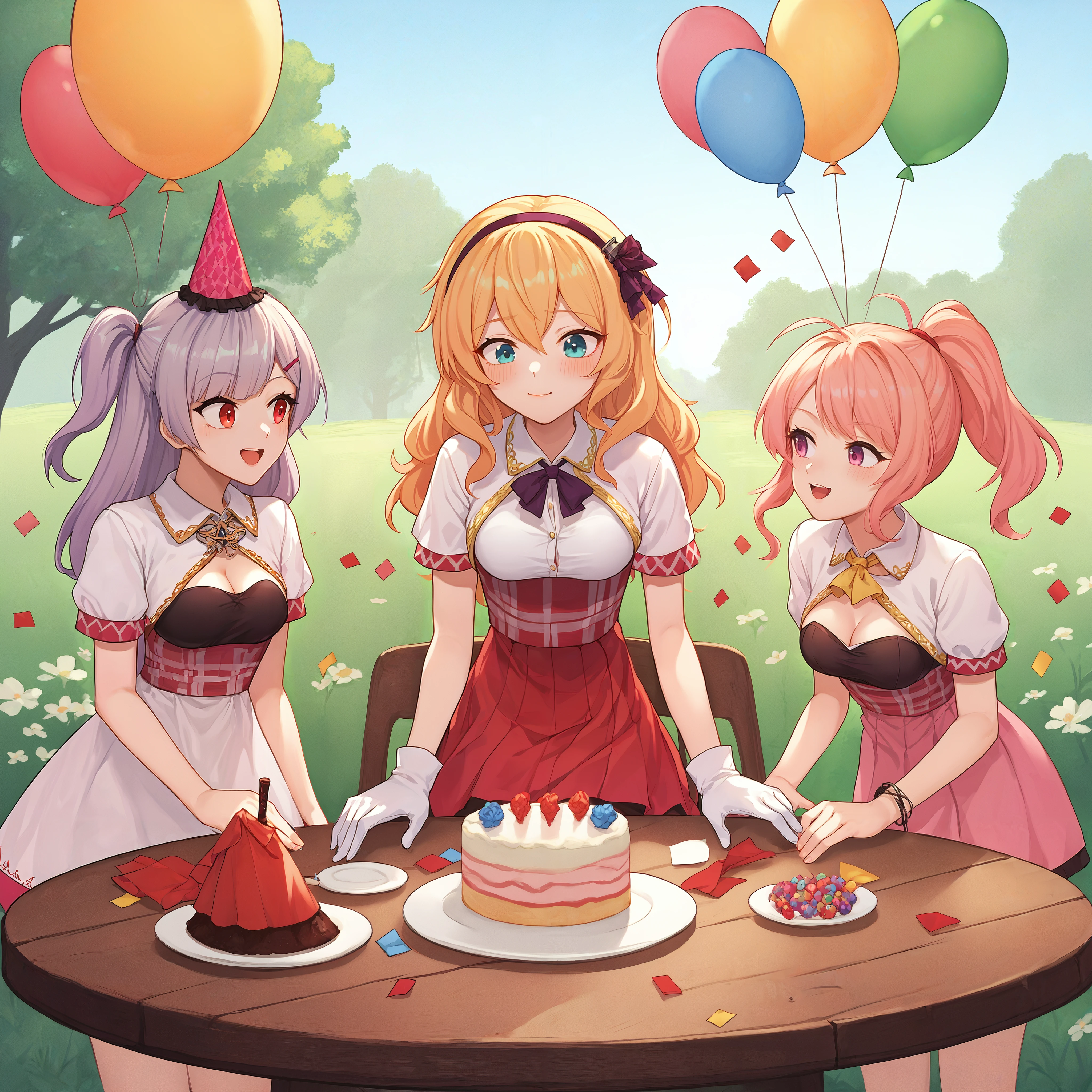 score_9, score_8_up, score_7_up, score_6_up, score_5_up, score_4_up, atdan, 3girls, a birthday party for Leander, outside, table, streamers, sunlight, confetti, balloons
BREAK 1girl, ajax \(azur lane\), grey hair, long hair, side ponytails, hairclip, red eyes, cleavage, small breasts, party hat, grin, standing, looking at another <lora:Ajax-AzurLane_ponyXL_v10:0.6>
BREAK 1girl, leander, hairband, long hair, blonde, blue eyes, white jacket, white shirt, purple neck ribbon, red skirt, high-waist skirt, white gloves, elbow gloves, fingerless gloves, sitting, chair, behind table, birthday cake, looking down, relaxed, shy, blush <lora:Leander-AzurLane_ponyXL_v10:0.6>
BREAK 1girl, achilles \(azur lane\), hair up, ponytail, pink eyes, purple eyes, yellow neck ribbon, cleavage, medium breasts, looking at another, standing, (closed smile:0.5) <lora:Achilles-AzurLane_ponyXL_v10:0.8>
<lora:atdan_PonyXL_v20:0.8>