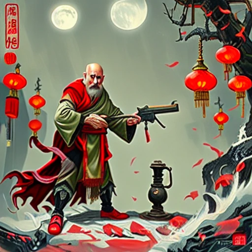 thigh boots, muscular male, old man, belt pouch, building, grass, lamp, blue skin, navel, vambraces, pelvic curtain, night, holding gun, from side, red eyes, standing, bald, plume, full moon, hammer, claws, chinese clothes, pleated skirt