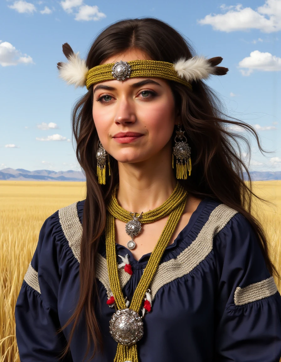 This image is a highly detailed digital painting of a Native American woman set against a vast, open landscape under a bright blue sky with scattered white clouds. The woman is depicted in a traditional Native American attire, adorned with intricate beadwork and feathers. She has long, flowing dark brown hair that cascades down her shoulders and back, held in place by a headband adorned with small, white feathers. Her expression is serene and composed, with a slight, natural smile on her lips.
She is wearing a dark blue dress with white and red trim, and her attire is accessorized with multiple necklaces and earrings. The necklaces feature large, round beads and intricate patterns, while the earrings are large, dangling, and adorned with feathers and beads. She also has a large, circular pendant with a central, white stone surrounded by a beaded design.
The background shows a vast, grassy plain extending into the distance with a faint outline of distant mountains. The grass is a golden hue, indicating a dry, sunny environment. The overall style of the painting is realistic with a focus on detailed textures and shading, capturing the rich colors and intricate details of the subject's attire and the natural surroundings.,Imogen Poots,<lora:Imogen_Poots_Flux_V1-000002:1>