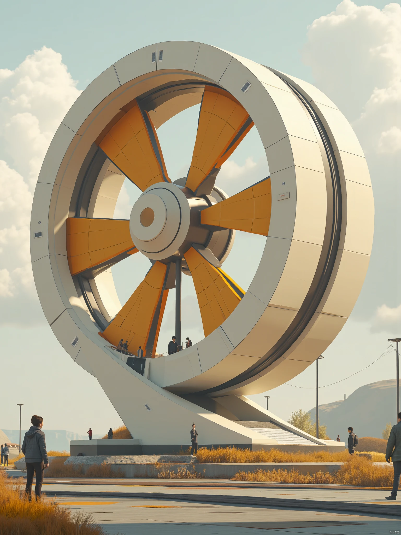 OBweilai,
Captured at eye-level on a low-angle perspective
a medium-angle shot captures a giant wheel-like structure
adorned with a white base and a black rim. The wheel-shaped structure is encircled by a series of thin
yellow stripes
creating a striking contrast against the white base. The center of the wheel is adorned with smaller
orange stripes
adding a pop of color to the otherwise monochromatic composition. The scene is set against a backdrop of a light blue sky
dotted with a few wispy clouds
adding depth to the scene. A person in a black jacket and dark pants stands on the left side of the frame
looking away from the viewer. To the right of the image
a person is standing on the right side.