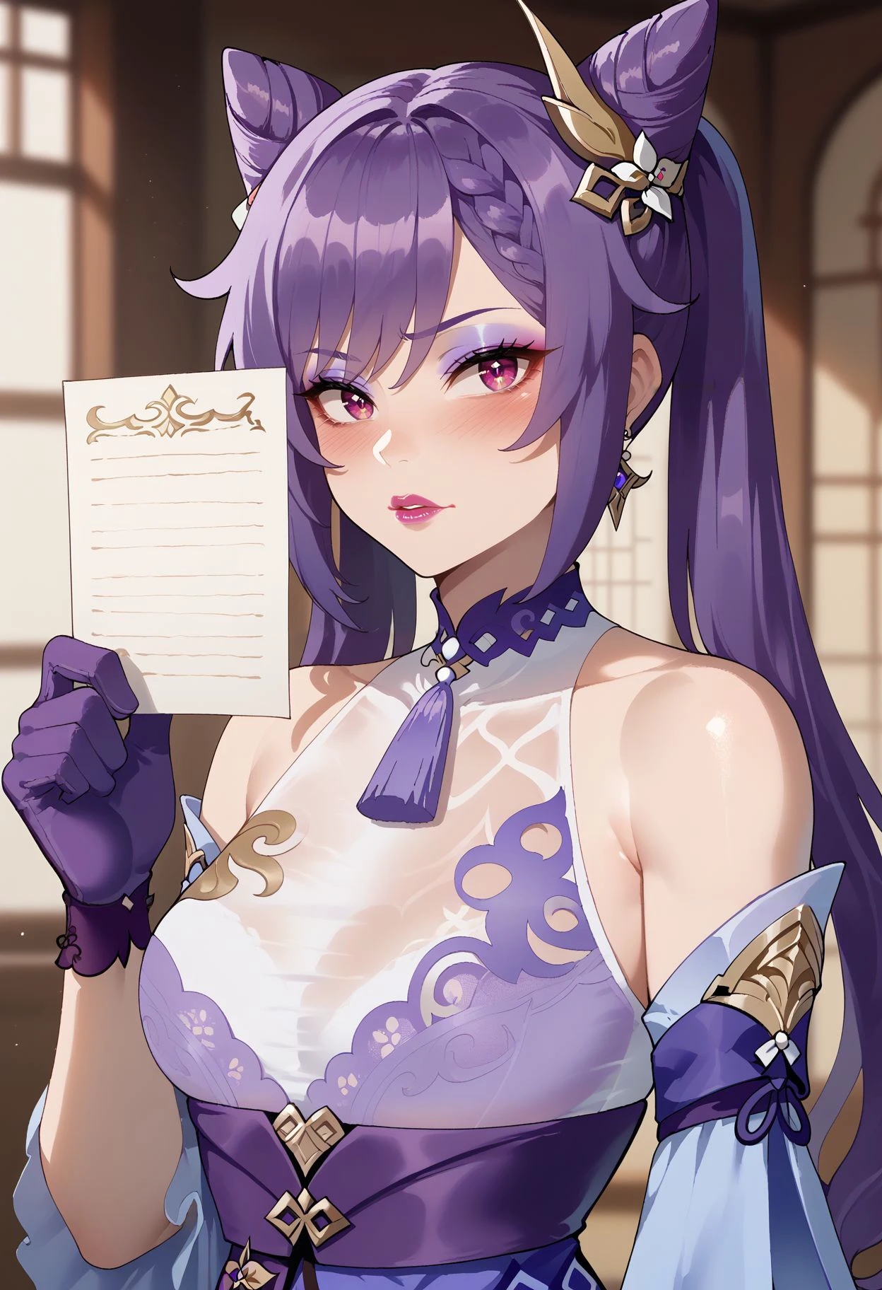 score_9,score_8_up,score_7_up, <lora:nyantcha_style_pdxl_v2_goofy:1> 1girl, keqing (genshin impact),  cone hair bun, purple hair, twintails, makeup, purple gloves, breasts, purple eyes, hair ornament, lipstick, neck tassel, holding paper, blush, long hair, dress, earrings, hair ears, thick lips, jewelry, detached sleeves, looking at viewer, double bun, braid, purple choker, upper body, bare shoulders, eyeshadow, bra visible through clothes, eyeliner