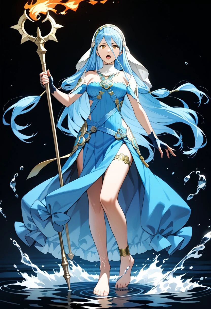 score_9,score_8_up,score_7_up,source_anime,azura (fire emblem),1girl,solo,breasts,open mouth,gloves,dress,holding,jewelry,bare shoulders,medium breasts,full body,weapon,barefoot,fingerless gloves,holding weapon,necklace,water,detached collar,black background,polearm,staff,veil,anklet,