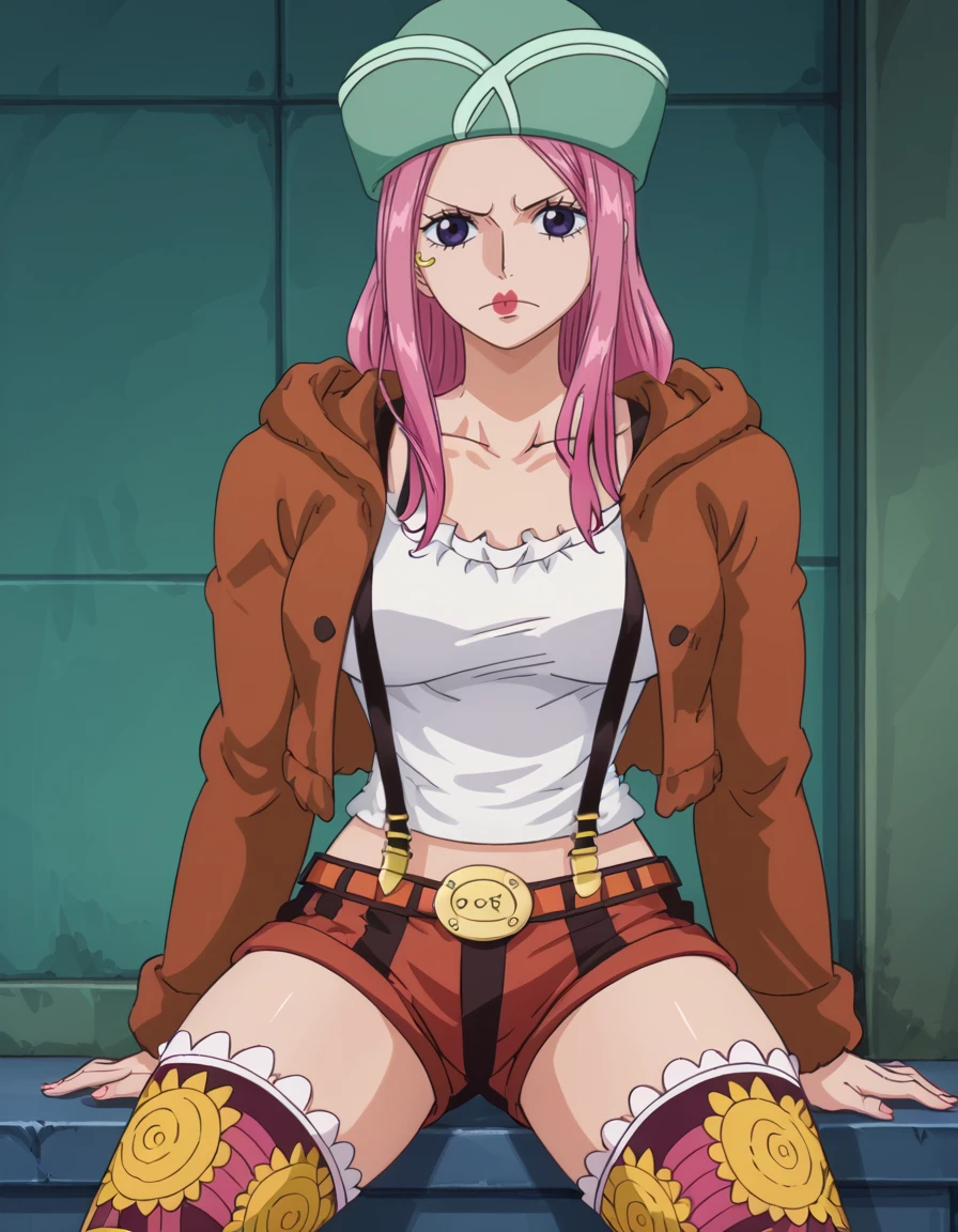 <lora:Jewelry_Bonney:1> jb0nn3y
1girl, solo, front view
p1rat3 outfit, hat, suspender shorts, thighhighs, shorts, jacket