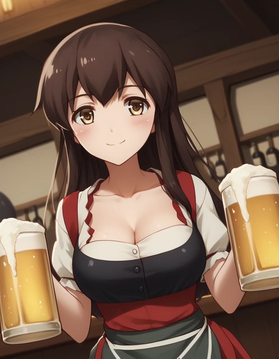 score_9, score_8_up, score_7_up, source_anime, <lora:kancolle-akagi-s1-ponyxl-lora-nochekaiser:1>, akagi, long hair, brown hair, brown eyes, akagi (kancolle), medium breasts,, <lora:dirndl-ponyxl-lora-nochekaiser:1>, dirndl, german clothes, beer mug, collarbone, cleavage, beer, underbust, waist apron,, indoors, bar, smile, blush,, , cowboy shot, dutch angle