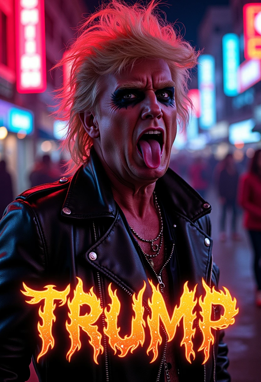 This is an image of A fictional 80s movie poster featuring a rebellious man decked out in death metal makeup and gothic clothing, DONALD TRUMP, with his tongue out, teased hair, leather jackets, and spiked accessories.  The glowing neon signs clash with their dark aesthetic as they wield electric guitars and ancient relics to summon dark magic, ready to save the city with their otherworldly powers The image is featuring the text "TRUMP" in a flame-like, distressed and unconventional font with jagged, and distorted spiky edges.