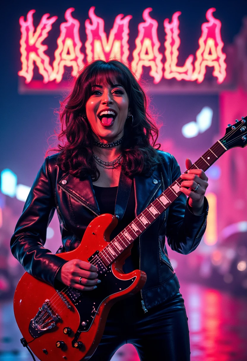 This is an image of A fictional 80s movie poster featuring a rebellious woman decked out in death metal makeup and gothic clothing, KAMALA HARRIS, with her tongue out, teased hair, leather jackets, and spiked accessories.  The glowing neon signs clash with their dark aesthetic as they wield electric guitars and ancient relics to summon dark magic, ready to save the city with their otherworldly powers The image is featuring the text "KAMALA" in a flame-like, distressed and unconventional font with jagged, and distorted spiky edges.