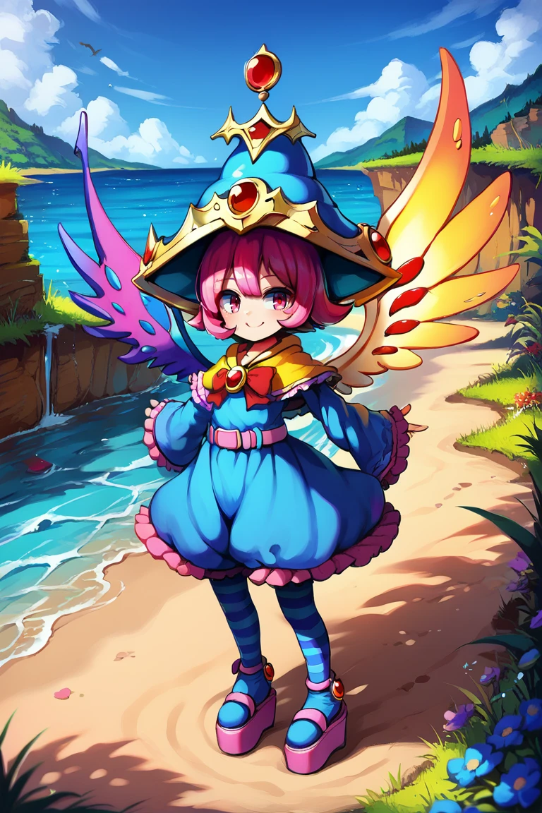 score_9, score_8_up, score_7_up, source anime, BREAK,  <lora:Sae:0.75> , saebase, saedef, 1girl, pink hair, short hair, pink eyes, asymmetrical wings, mismatched wings, liquid wing, wings, hat, crown hat, yellow capelet, pendant, gem, red gem, red bowtie, dress, blue dress, frilled dress, layered dress, striped, horizontal-striped thighhighs, striped thighhighs, pantyhose, outstretched arms, wide sleeves, long sleeves, frilled sleeves, blue bloomers, pink belt, purple ribbons, platform footwear, (arms at sides), smile, looking at viewer, full body,  <lora:m4gXLP:0.7> , m4g, solo, outdoors, exterior, day, ocean, overlook, canyon, scenery, <lora:backgroundsetXL:0.2> , background,