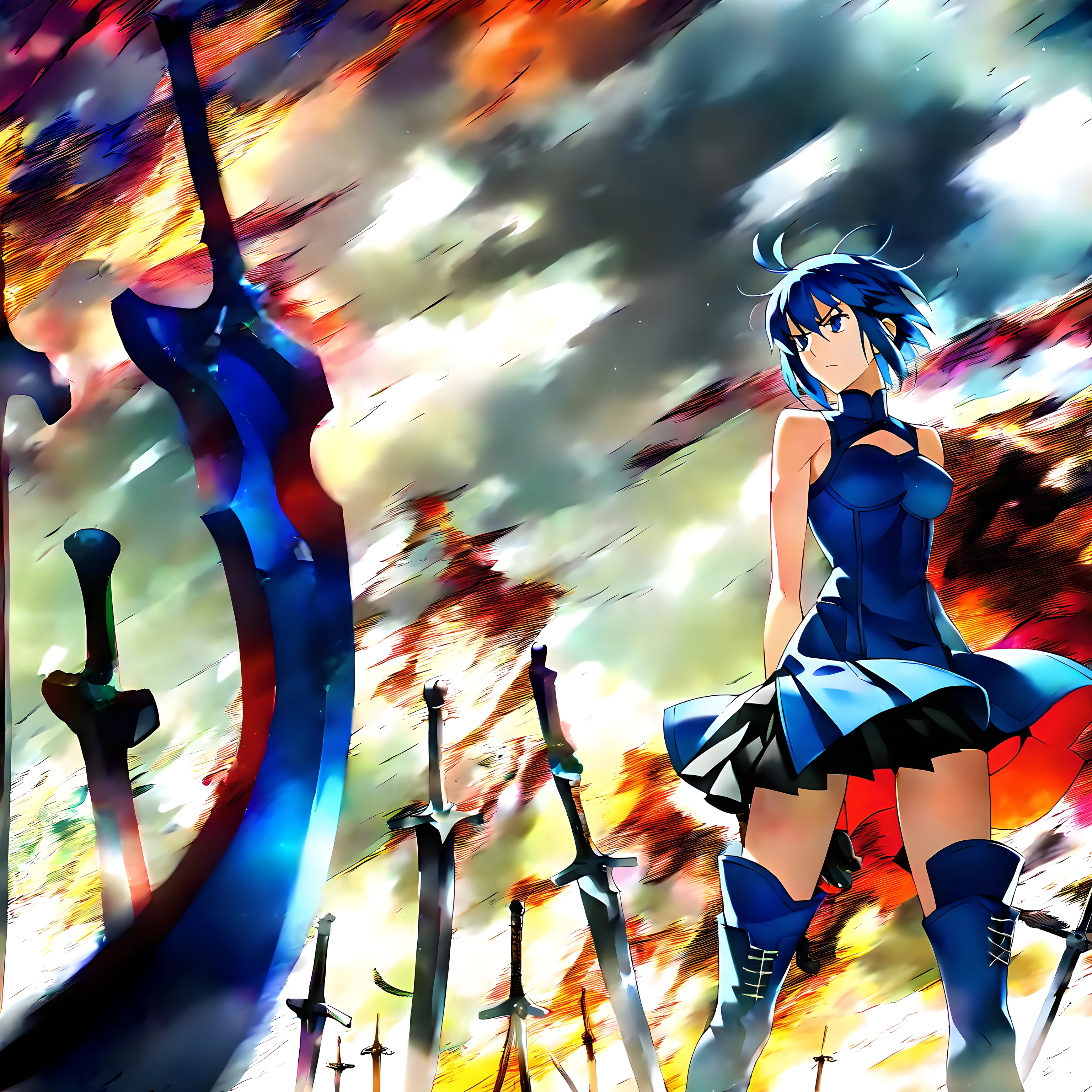 <lora:pony_xl_ubw:0.9>,ubw,score_9,score_8_up,score_7_up,source_anime,1girl,solo,countless planted weapons,weapon,sword,planted,planted sword,<lora:pony_xl_ciel_v2:0.9>,ciel,bare shoulders,sleeveless,black skirt,pleated skirt,miniskirt,black gloves,thigh boots,blue footwear,blue thighhighs,standing,annoyed,streets of medieval europe,devastated city,cowboy_shot,standing,