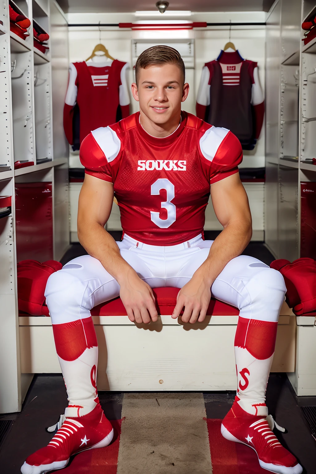 locker room, sitting on bench, in front of lockers, slightly smiling, MartinHovor is an (American football player), wearing football uniform, (red jersey:1.3), (red shoulder pads), jersey number 3, (white football pants:1.3), (red socks:1.4), long socks, (black sneakers:1.4), (((full body portrait))), wide angle  <lora:MartinHovor:0.8>