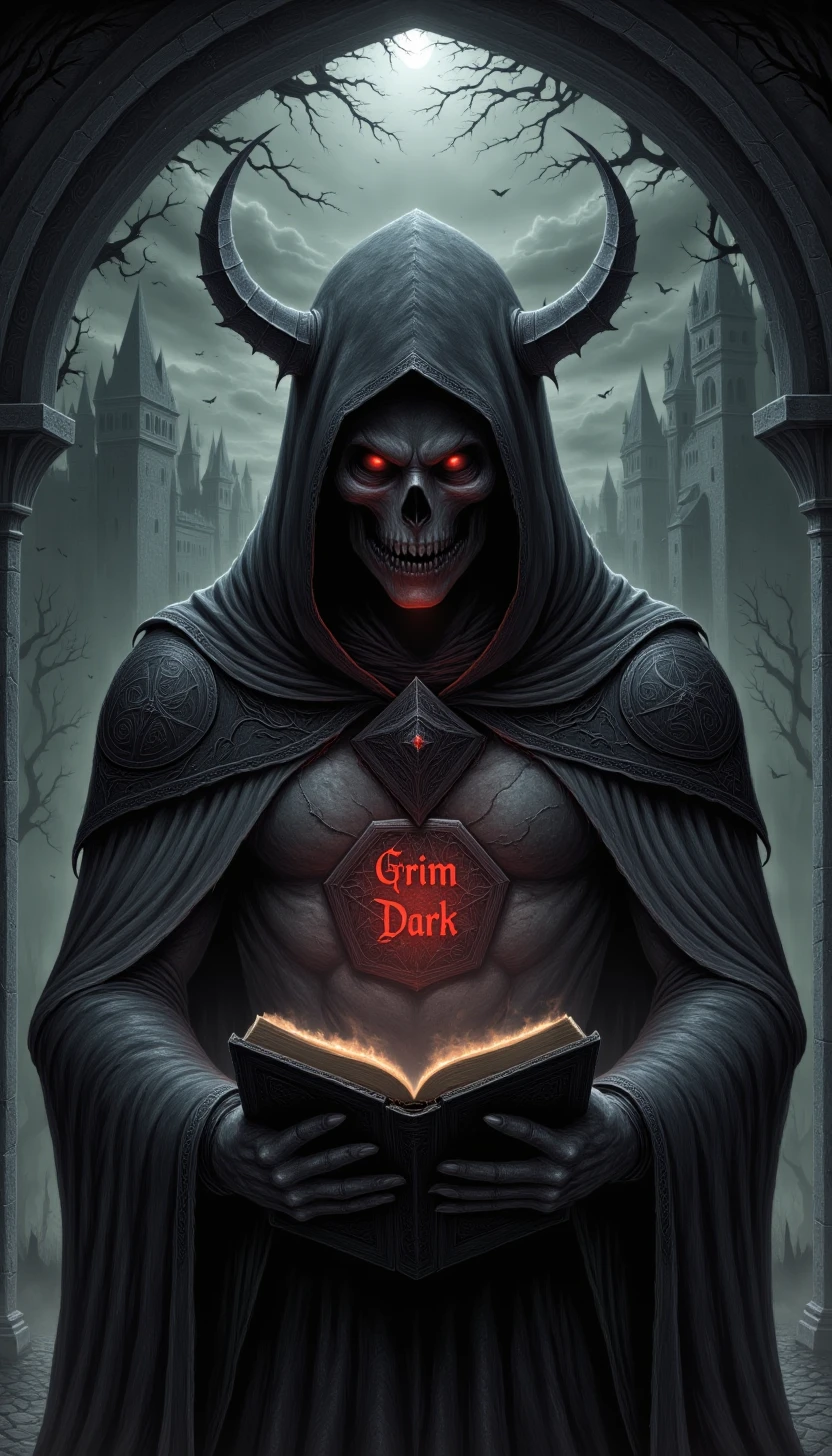 p1nkgr1md4rk, grimdark, eerie, horror, text: ("Grimdark":1.5), A twisted, hooded figure standing before an ancient, glowing tome bound in black leather,performing a dark ritual amidst a halo of eerie energy,  text: "Grimdark" written in red ink, 