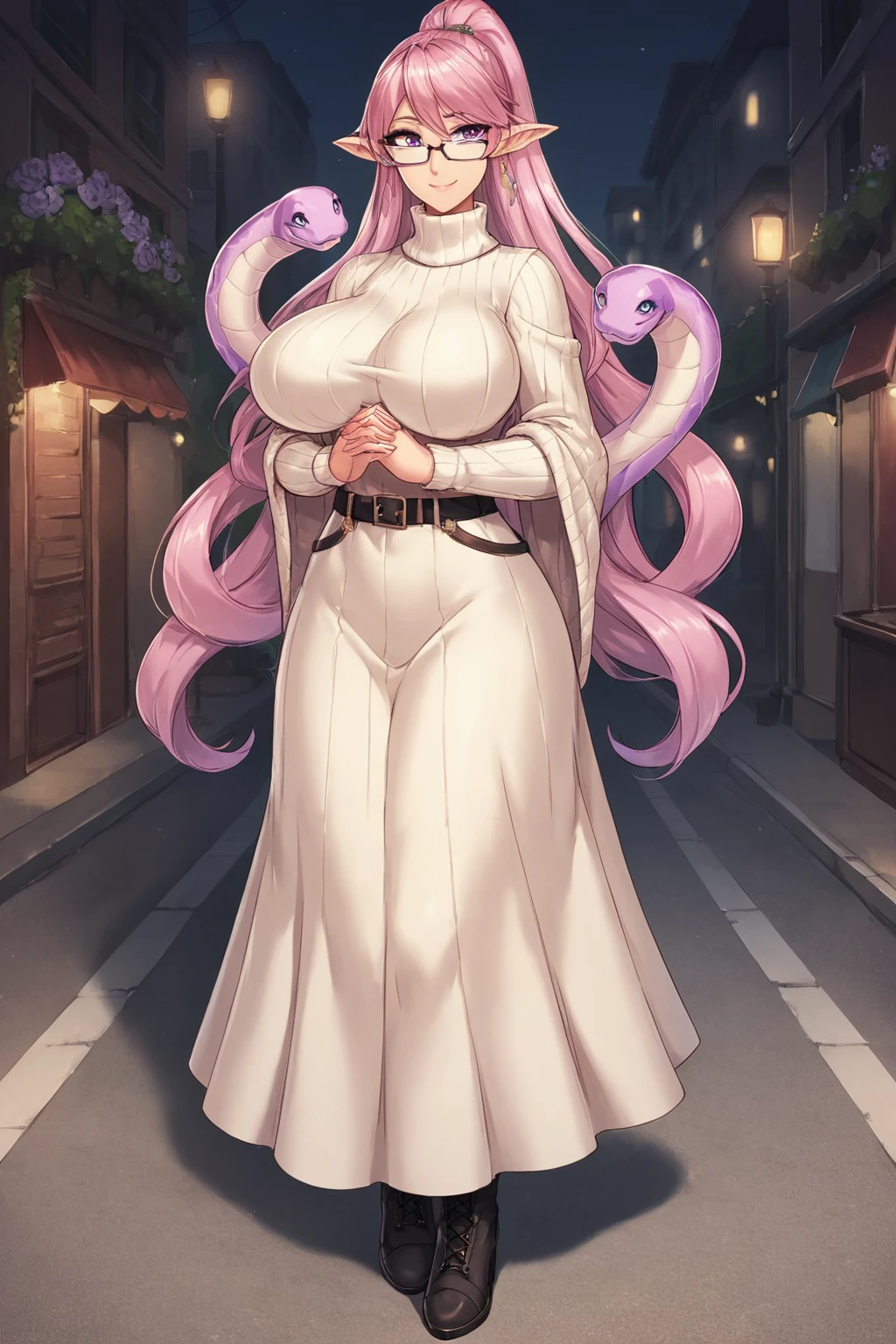 score_9, score_8_up, score_7_up,
full body, own hands together, smile,
<lora:Ero Mahou Gakuen - Lumia v1:0.8> , lumia, pink hair, long hair, purple eyes, large breasts, snake hair, snake,
long dress, boots, shawl, sweater, turtleneck, belt, glasses, ponytail,
street, flower, tree,