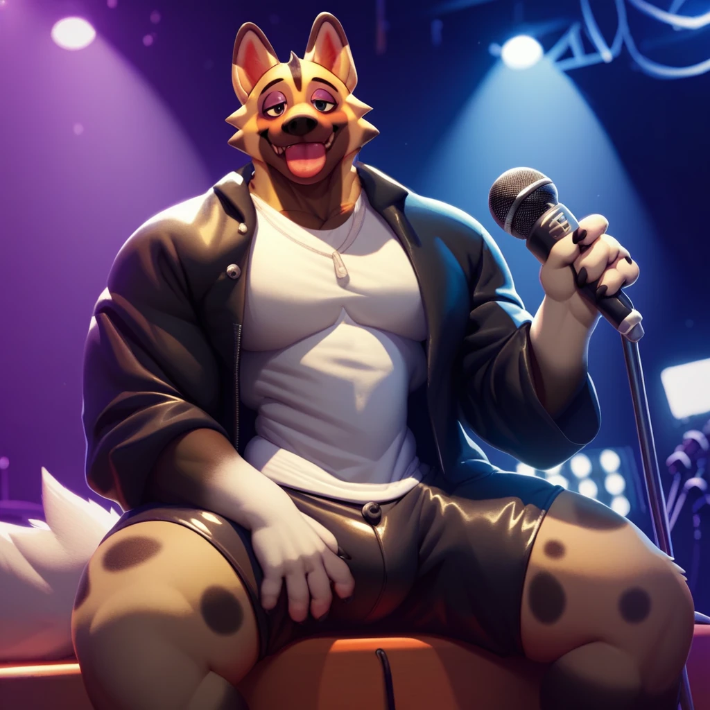 score_9, score_8_up, score_8, furry, Kyle, hyena, cartoon style, 2d, skinny male, huge pecs, thick thighs, wide hips, solo, black jacket, white undershirt, black shorts, sitting on stage, under spotlight, looking at viewer, tongue out, holding microphone, inside