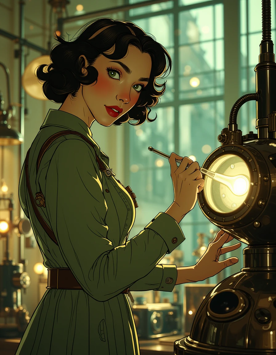 d13s3lp2nk   A scientist in retro-futuristic lab attire conducting an experiment with holographic displays and vintage equipment, surrounded by robotic assistants
  <lora:dieselpunk-delight:0.9>