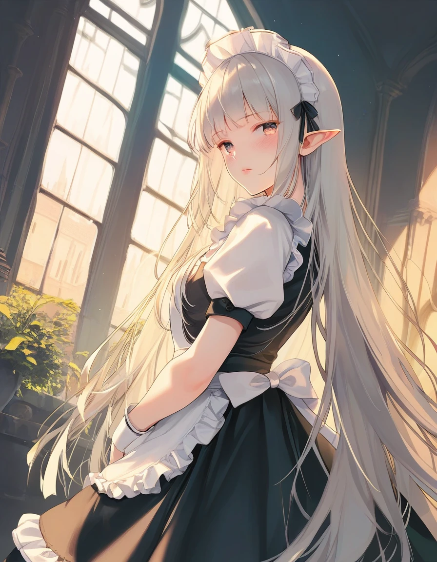 score_9, score_8_up,score_7_up, score_6_up, score_5_up,score_4_up, 1girl, maid, very long hair, hime cut, frilled dress, castle, from side, looking at viewer, sunbeam, pink lips, blush, indoors, window, dutch angle, backlighting, maid headdress, pointy ears, 
<lora:oniharigusa_style_pony6_v1-000032:1>