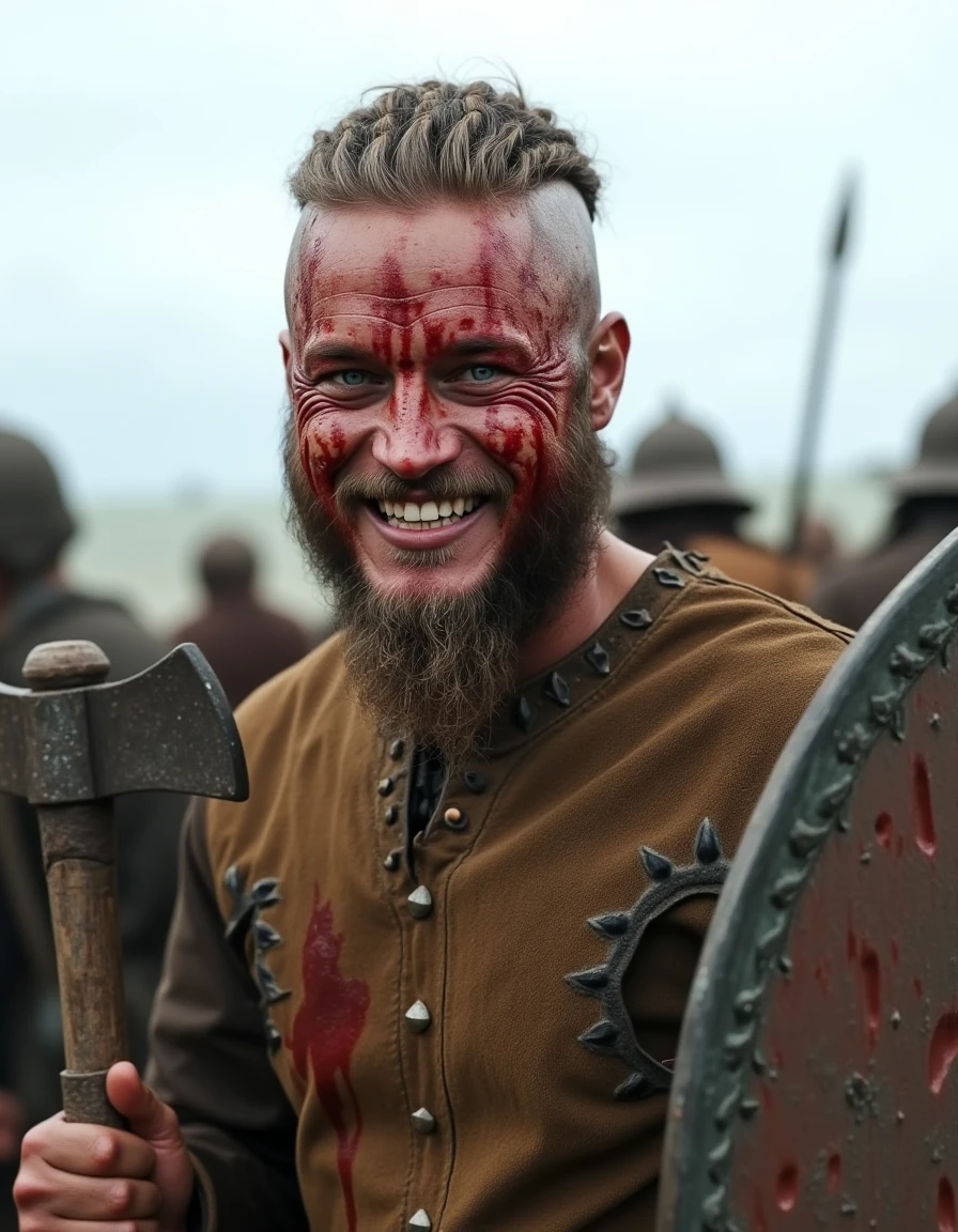 <lora:Ragnar_Lothbrok_Flux:1>  genuine smile that adds a touch of warmth to his stern demeanor, braided locks. The man's face is covered in dirt and blood, overcast sky. He is depicted in a medieval-style outfit, suggesting a medieval or historical setting., messy, rough-textured leather outfit that appears to be made from suede or a similar material., aged leather.  bushy beard. Holding an axe in one hand a shield in the other, coming off the battlefield