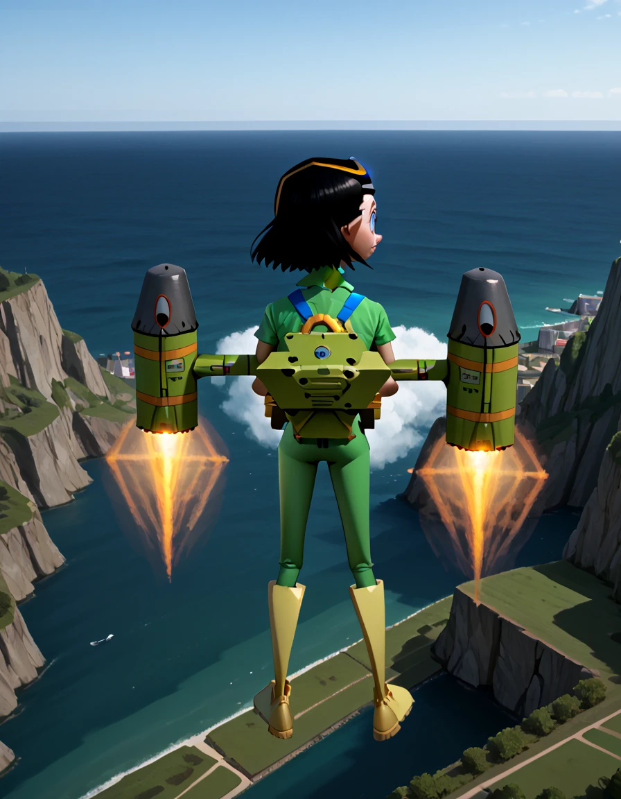 <lora:Ibis - Pilotwings 64 - 1996 - Epoch 10:0.9> ibis, 1girl, low poly, green shirt, short sleeves, short hair, black hair, medium breasts, blue straps, jeweled headband, yellow gloves, green pants, long pants, yellow boots, pointy nose, blue eyes, eyeliner, portrait, Jetpack, engines on, flying, looking up, goggles, facing away, turning to viewer,, source_cartoon, score_9, score_8_up, score_7_up, score_6_up, score_5_up, score_4_up,