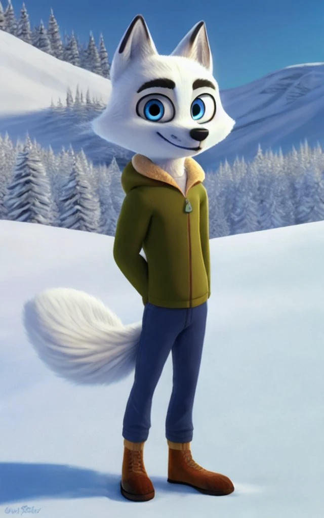 <lora:arctic_dogs:0.8>
solo, masterpiece,
swifty, arctic fox, blue eyes,
winter clothing, blue pants, winter footwear,
winter hills background, standing, posing,