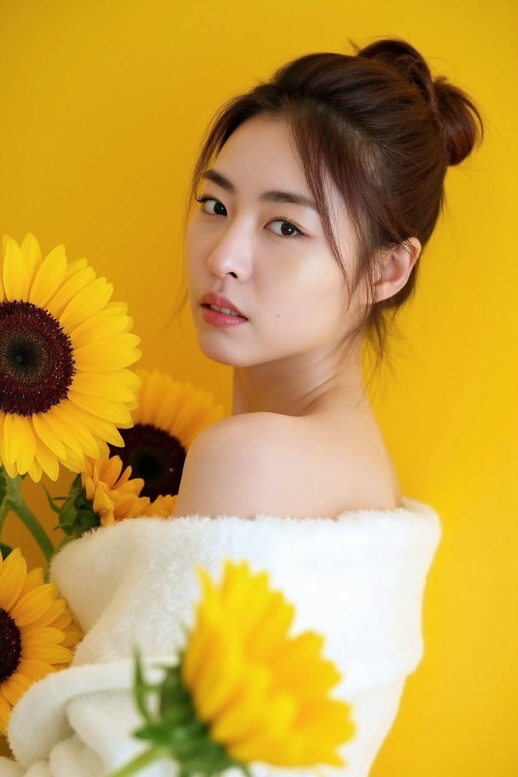 The image showcases a young korean woman with her hair elegantly styled in an updo, emphasizing her delicate and refined features. She is positioned against a strikingly vibrant yellow background, which is filled with large sunflowers. The rsunflowers dominate the composition, adding a dramatic and intense contrast to her skin tone and overall appearance.
The woman is dressed in a white fur-like garment, which drapes softly over her shoulders, leaving her upper back and one shoulder exposed. Her expression is calm and slightly mysterious, with her gaze directed slightly to the side, away from the camera. The large poppies, some of which overlap with her figure, create a dreamy and surreal atmosphere, as if she is blending into or emerging from the floral background., <lora:flux_realism_lora:1>, <lora:makinaflux_leeyeonhee_v1.0:1>