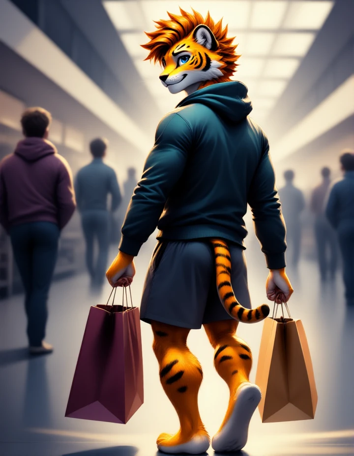 fluxorbit, anthro tiger
looking at the viewer,  musculegs, good face, wavy spiky hair, smiling,
(wearing abaggy hoodie , lots of clothe wrinkles:1.6)
shopping in a mall, holding shopping bags
, ,
blurry background,
,
(back view, looking back:1.2),
, whole body
 <lora:fluxorbit_mini_v7_000002100:0.05> <lora:fluxorbit_mini_v2:0.2> <lora:fluxorbit_mini_v3_000001300:0.05> <lora:fluxorbit_large_V4_000015000:0.8> <lora:AndroFlux-v26:0.2> <lora:aidmaMJ6.1:0.1> <lora:Hand v2:0.1>