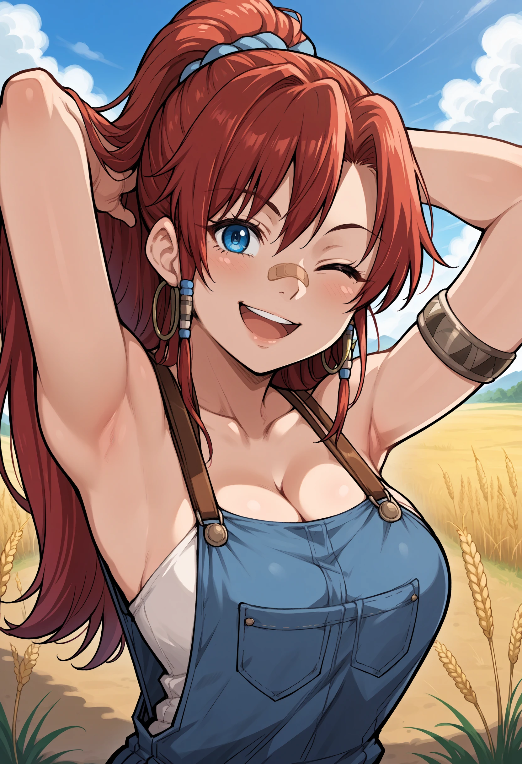 score_9, score_8_up,score_7_up, source_anime, 1girl, solo, bsng, large breasts, long hair, red hair, blue eyes, ponytail,
jewelry, hoop earrings, armlet, blue scrunchie, hair beads,
one eye closed, armpits, blue overalls, bandaid on face, cleavage, looking at viewer, shadow, smile, ;d, collarbone, upper body, v, open mouth, arms behind head, arms up, blush, tank top, outdoors, wheat field, sunset,
<lora:bllws_pdxl_EliPot:1>