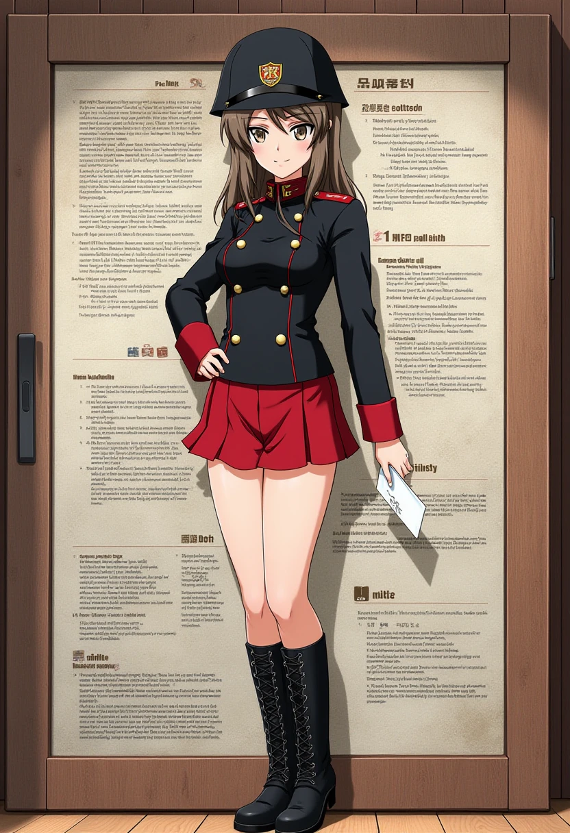 Anime style, sharp, high contrast and highly detailed. Ghibli anime style. Perfect anatomy. Perfect body ratio. No oversized head. No blurry, out of focus pictures. No simple background, no single color background.
 mika (girls und panzer)  <lora:panzer_mika_flux_1_2:1>
She  is dressed in a military-inspired uniform that consists of the following elements:
Top: She is wearing a fitted black military jacket with a high collar. The jacket has red accents on the collar and cuffs, adding a striking contrast to the dark color. There are also subtle military insignia on the collar, emphasizing the formal, disciplined nature of the uniform.
Skirt: The character is wearing a short, pleated red skirt that reaches mid-thigh. The pleats give the skirt structure and movement, adding a touch of femininity to the otherwise structured, formal outfit.
Hat: On her head, she wears a matching black military cap with a red trim and a small emblem in the center. The cap complements the jacket and adds to the official look of the uniform.
Footwear: She completes the outfit with black, ankle-high combat-style boots, laced up for a functional yet stylish appearance. The boots give the uniform a practical and sturdy look, in line with the military theme.
Accessories: The character holds a small white booklet or paper in her left hand, suggesting that she is in a leadership or administrative role within a military or authoritative setting.