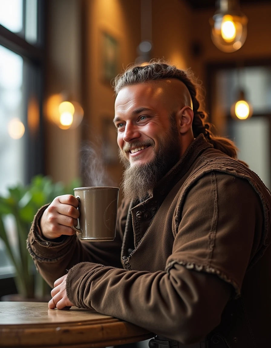 <lora:Ragnar_Lothbrok_Flux:1>  genuine smile that adds a touch of warmth to his stern demeanor, braided locks. He is depicted in a medieval-style armor, messy, rough-textured leather armor that appears to be made from suede or a similar material., aged leather.  bushy beard.  standing  in a cafe having a coffee