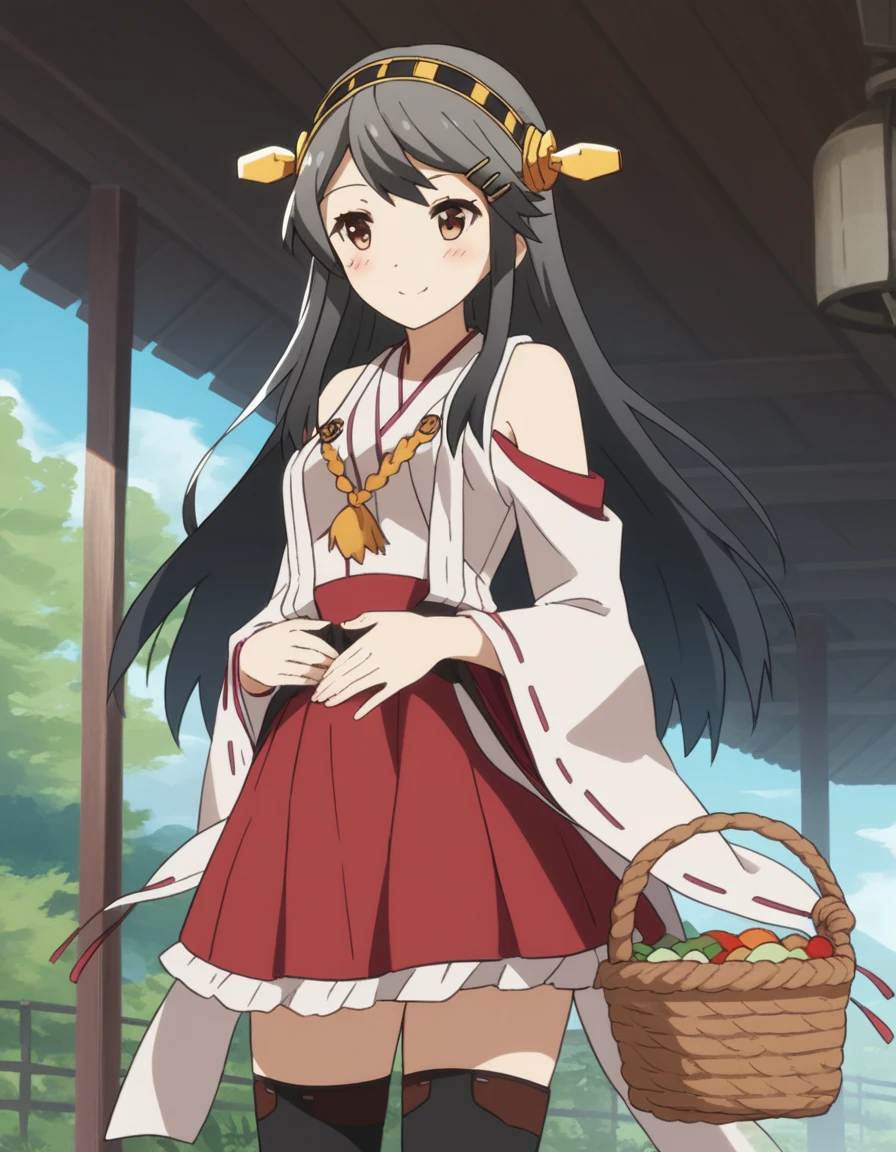 score_9, score_8_up, score_7_up, source_anime, <lora:kancolle-haruna-s1-ponyxl-lora-nochekaiser:1>, haruna, long hair, black hair, hair ornament, brown eyes, hairband, hairclip, haruna (kancolle), medium breasts, skirt, thighhighs, bare shoulders, detached sleeves, japanese clothes, headgear, nontraditional miko,, farmers market, fresh produce, local vendors, baskets, sunny day, community, smile, , hand on stomach, blush,, solo,, cowboy shot, dutch angle