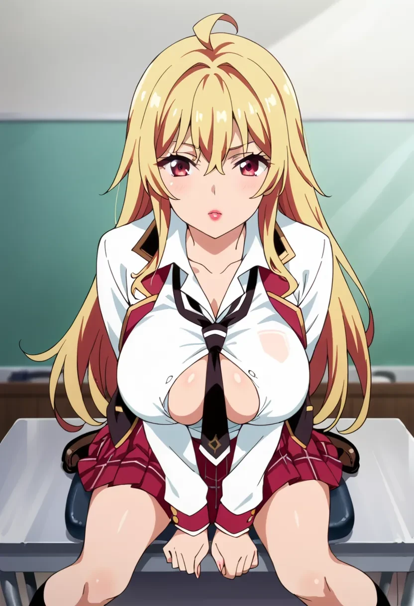 score_9, score_8_up, score_7_up, score_6_up,
source_anime, masterpiece, anime screencap,

1girl, solo,

Shikishima Mirei, red eyes, blonde hair, long hair, large breasts, lipstick,
red skirt, necktie between breasts, white shirt, school uniform, no bra, kogal