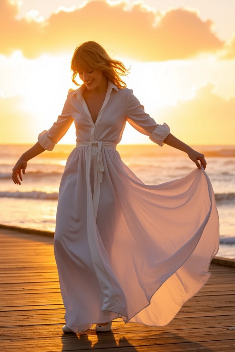 A vibrant scene of Florence Welch dancing on a boardwalk, wearing a beautiful, flowing white shirt and a long, elegant skirt. She smiles joyfully, her focus entirely on her graceful movements. The sun sets behind her, casting a warm, golden glow over the scene, highlighting her radiant expression. The composition captures her in mid-twirl, with the ocean waves gently crashing in the background, creating a serene yet dynamic atmosphere.