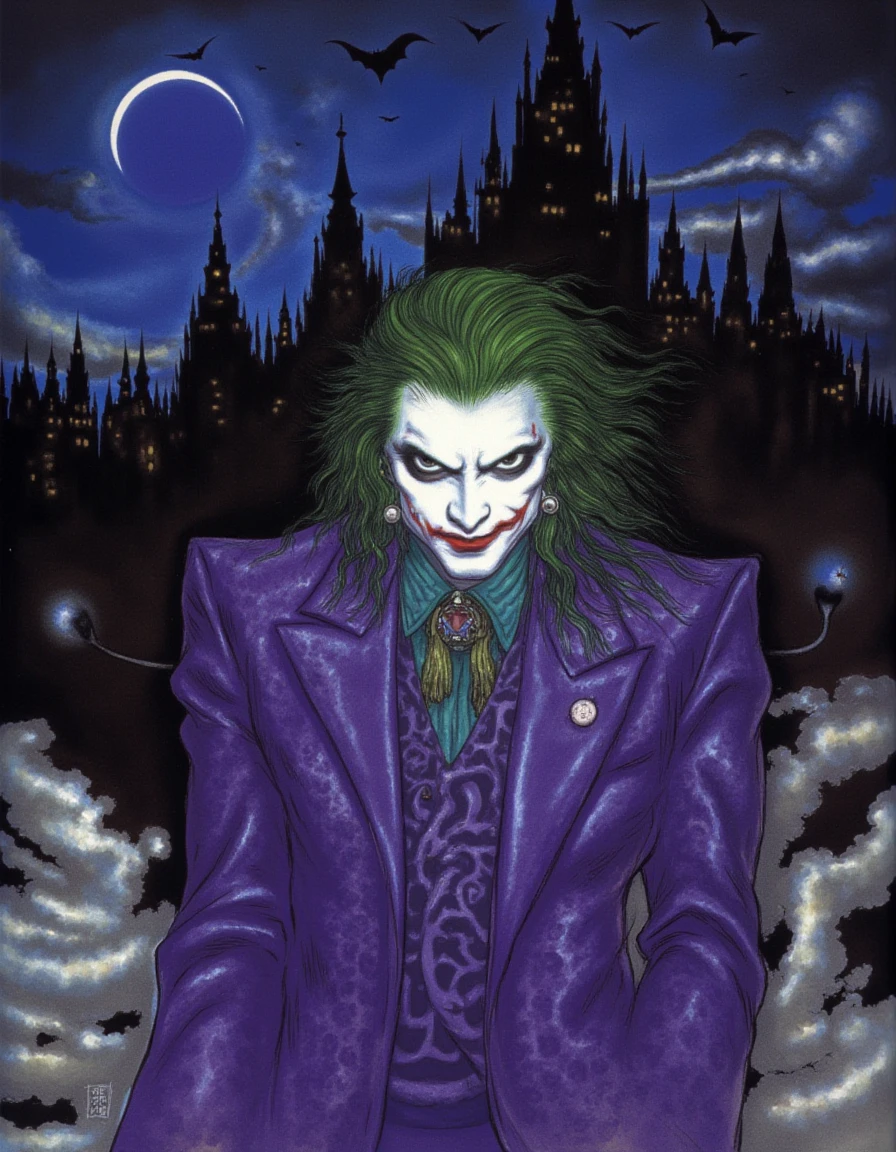 In a richly detailed traditional illustration reminiscent of Yoshitaka Amano’s iconic style, The Joker stands poised against a haunting Gotham City skyline cloaked in the velvety darkness of night. His vibrant green hair cascades dramatically, contrasting sharply with his alabaster white skin, which glistens under the eerie glow of a flickering streetlight. Piercing green eyes glint mischievously, filled with manic energy, while his bright red lips curve into a twisted smile that hints at unfathomable chaos.

Dressed in an intricately textured purple suit, the fabric appears to shimmer with a mystical iridescence, adorned with subtle patterns reminiscent of Art Nouveau motifs—alluding to the whimsical and surreal essence of Amano's artistic vision. The background is alive with a dreamlike quality; the towering Gothic architecture of Gotham's buildings looms overhead, their silhouettes softened by mist and shadow, creating an almost ethereal atmosphere.

Above, a crescent moon hangs low in the sky, casting an otherworldly light over the scene, while wisps of cloud drift lazily, echoing the fluidity of watercolor strokes. The air is thick with an electric tension, the faint sounds of distant sirens blending harmoniously with the ominous silence of the night, enhancing the feeling of anticipation. Flickers of fantasy seep into the illustration, as if The Joker might spring to life, ready to unleash a vibrant burst of chaos against the backdrop of this melancholic city, where surrealism and madness entwine in a beautifully dark dance.