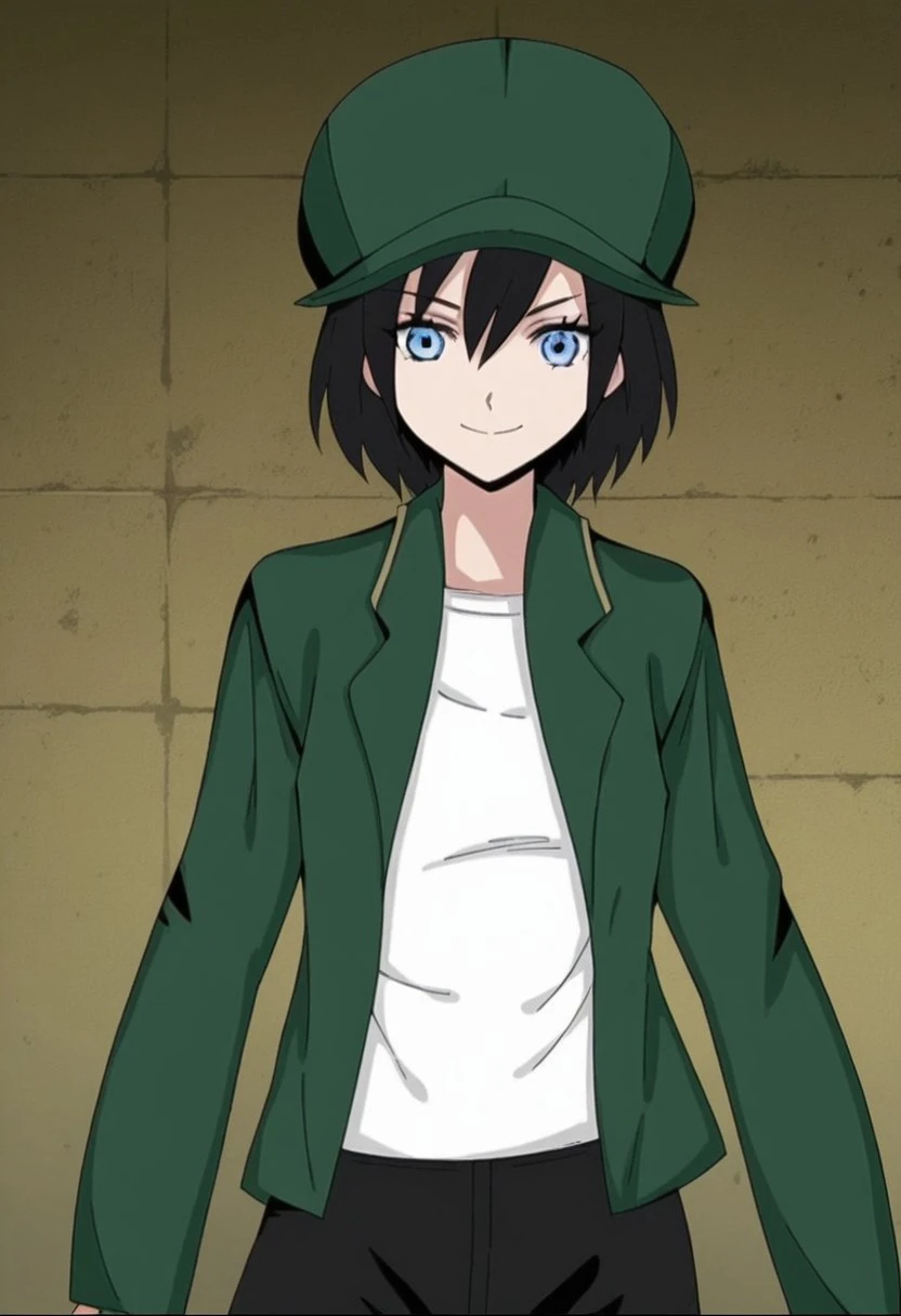 score_9, score_8_up, score_7_up, score_6_up, source_anime, anime screencap, best quality, tom, 1girl, short hair, blue eyes, black hair, tomboy, hair between eyes, medium breasts, solo, green jacket, green headwear,open clothes,open jacket hat, shirt, white shirt,pants, black pants,black shoes, indoor, bedroom, detailed background, standing, cowboy shot, sexy pose, smile,