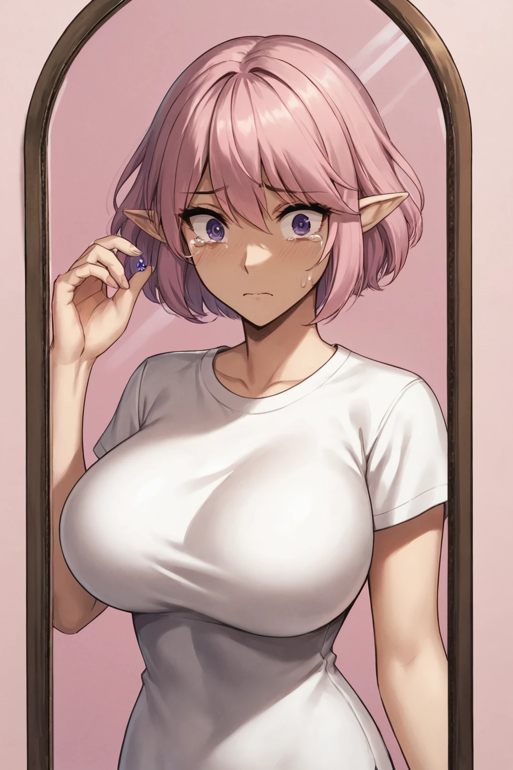 score_9, score_8_up, score_7_up,
holding mirror, wide-eyed, tears, closed mouth,
<lora:Ero Mahou Gakuen - Lumia v1:0.8> , lumia, pink hair, short hair, purple eyes, large breasts,
t-shirt, 
pink background, hand mirror,