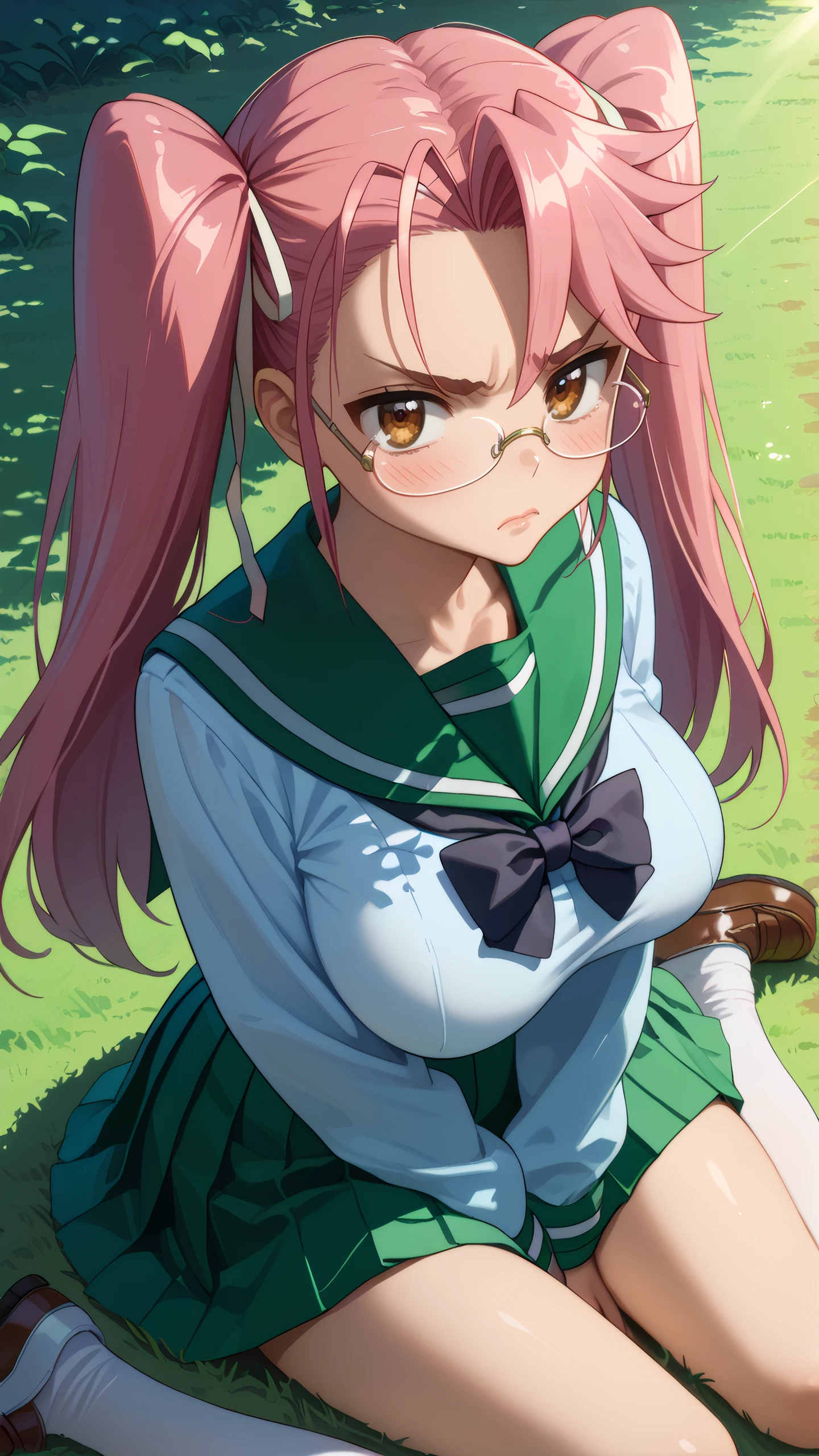 score_9, score_8_up, score_7_up, 1girl, solo, looking at viewer, anime coloring, cowboy shot, looking up, 
<lora:Saya_Takagi_Dwnsty:0.8>, saya_takagi, pink hair, brown eyes, long hair, twintails, glasses, hair ribbon, school uniform, serafuku, green skirt, pleated skirt, black bowtie, long sleeves,
lips, large breasts, skindentation, annoyed, blush, embarrassed, from above, 
sunlight, outdoors, blue sky, school yard, grass, w sitting, wariza, <lora:Wariza__Concept_Lora:1>