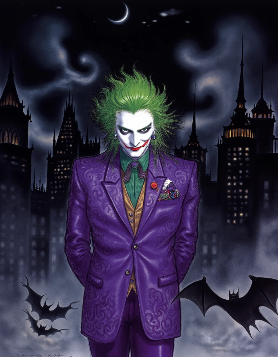 In a richly detailed traditional illustration reminiscent of Yoshitaka Amano’s iconic style, The Joker stands poised against a haunting Gotham City skyline cloaked in the velvety darkness of night. His vibrant green hair cascades dramatically, contrasting sharply with his alabaster white skin, which glistens under the eerie glow of a flickering streetlight. Piercing green eyes glint mischievously, filled with manic energy, while his bright red lips curve into a twisted smile that hints at unfathomable chaos.

Dressed in an intricately textured purple suit, the fabric appears to shimmer with a mystical iridescence, adorned with subtle patterns reminiscent of Art Nouveau motifs—alluding to the whimsical and surreal essence of Amano's artistic vision. The background is alive with a dreamlike quality; the towering Gothic architecture of Gotham's buildings looms overhead, their silhouettes softened by mist and shadow, creating an almost ethereal atmosphere.

Above, a crescent moon hangs low in the sky, casting an otherworldly light over the scene, while wisps of cloud drift lazily, echoing the fluidity of watercolor strokes. The air is thick with an electric tension, the faint sounds of distant sirens blending harmoniously with the ominous silence of the night, enhancing the feeling of anticipation. Flickers of fantasy seep into the illustration, as if The Joker might spring to life, ready to unleash a vibrant burst of chaos against the backdrop of this melancholic city, where surrealism and madness entwine in a beautifully dark dance.