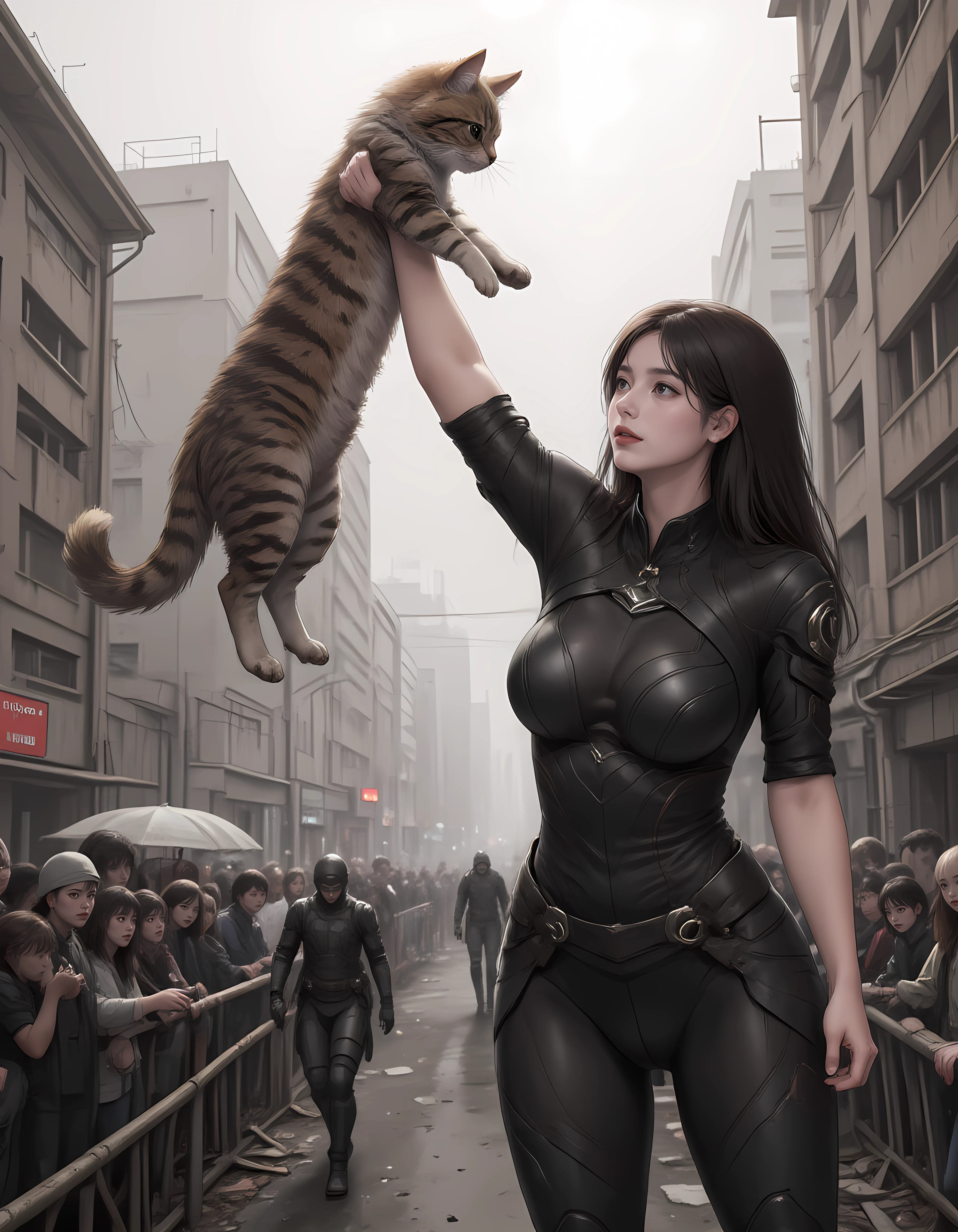 from her side, from her above, a woman holding a cat tightly with straight arms and closed fists, raising it high, in a balcony 10 meters above ground, crowds on the street looking up to the woman with anticipation, the cat is facing away from the woman <lora:pink2:1>