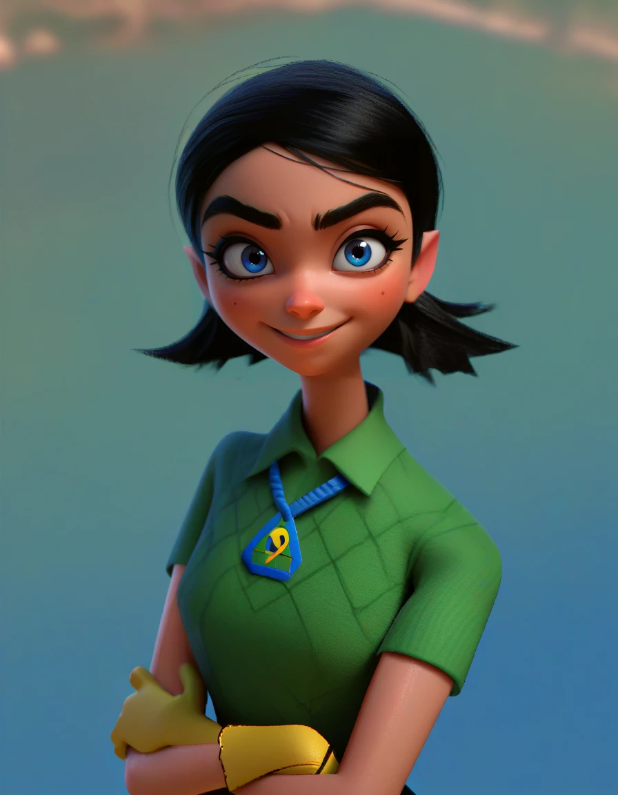 <lora:Ibis - Pilotwings 64 - 1996 - Epoch 10:0.75> ibis, 1girl, low poly, green shirt, short sleeves, short hair, black hair, medium breasts, blue straps, jeweled headband, yellow gloves, pointy nose, blue eyes, eyeliner, portrait, looking at viewer, smirk, light_smile, source_cartoon, score_9, score_8_up, score_7_up, score_6_up, score_5_up, score_4_up,